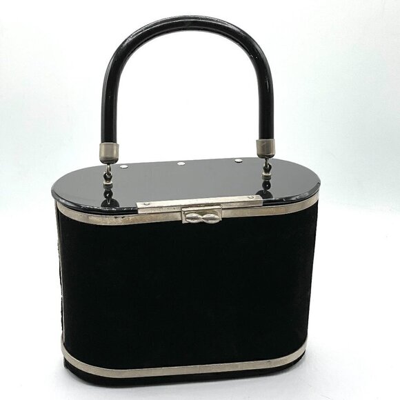 Handbags - Vintage Black Velvet Hard Sided Box Oval Single Handle Hinged Evening Mini Bag